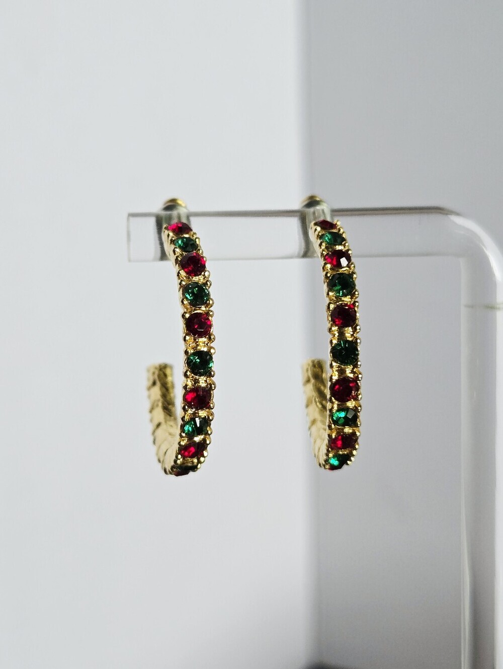 Vintage Gold Tone Hoop Earrings with Red and Green Stones - Picture 11 of 16